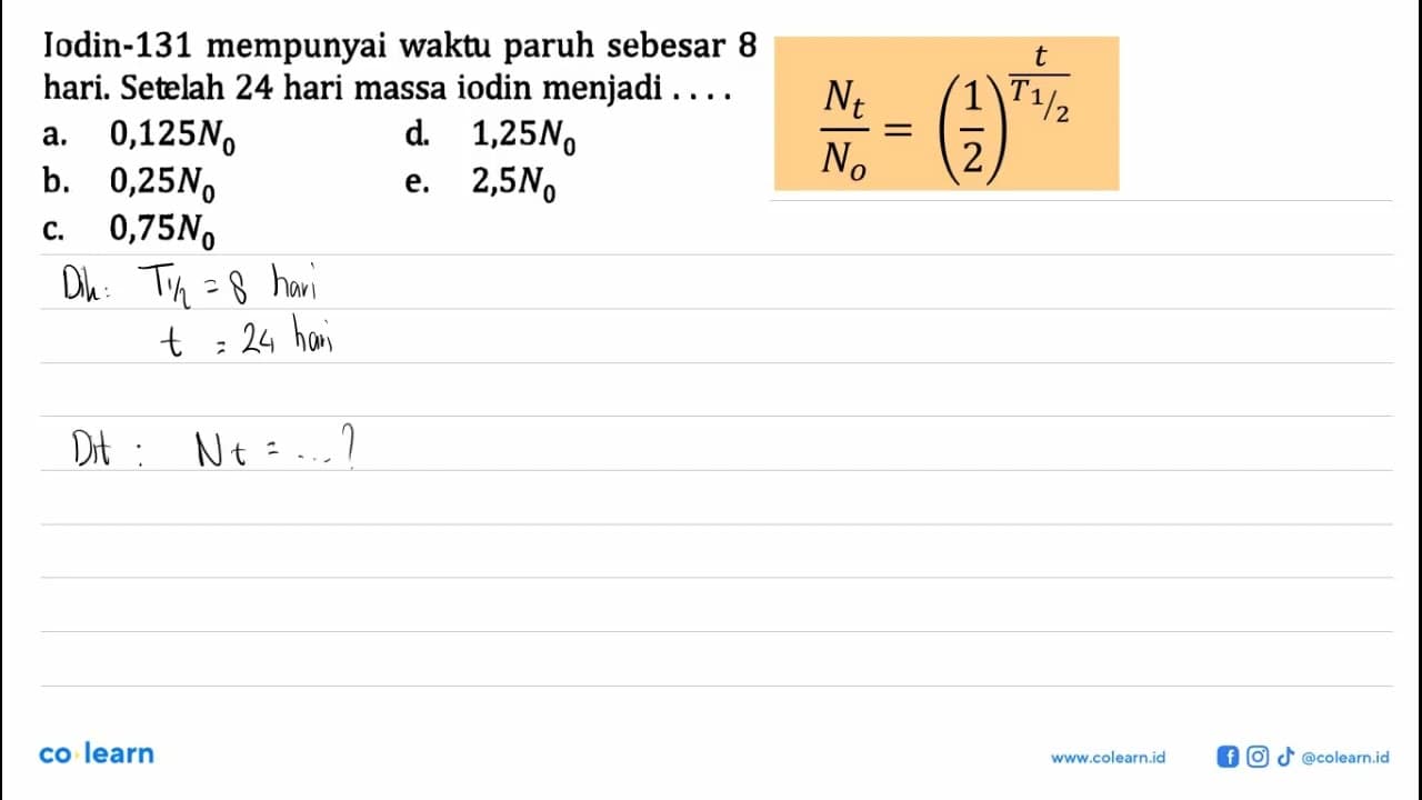 Iodin-131 mempunyai waktu paruh sebesar 8 hari. Setelah 24