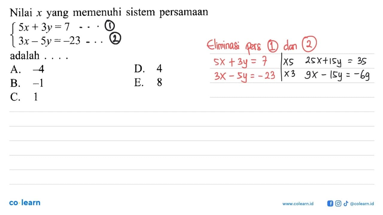 Nilai x yang memenuhi sistem persamaan 5x + 3y = 7 3x