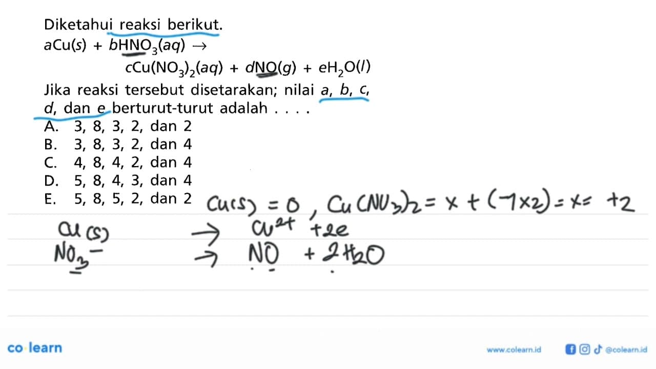 Diketahui reaksi berikut. aCu(s) + bHNO3(aq) ->