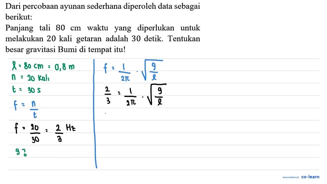 Dari percobaan ayunan sederhana diperoleh data sebagai