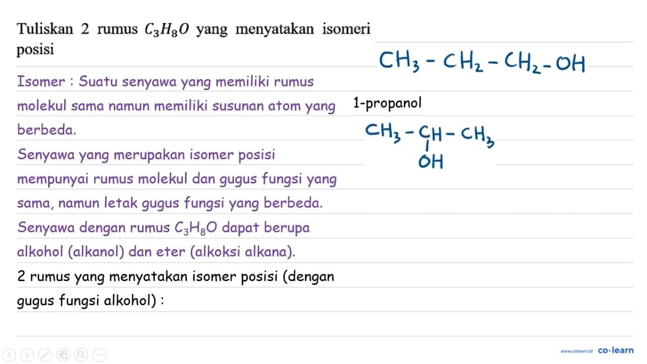 Tuliskan 2 rumus C3H8O yang menyatakan isomeri posisi