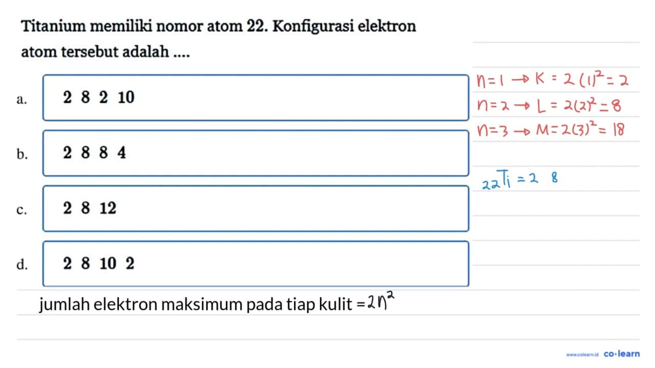 Titanium memiliki nomor atom 22. Konfigurasi elektron atom