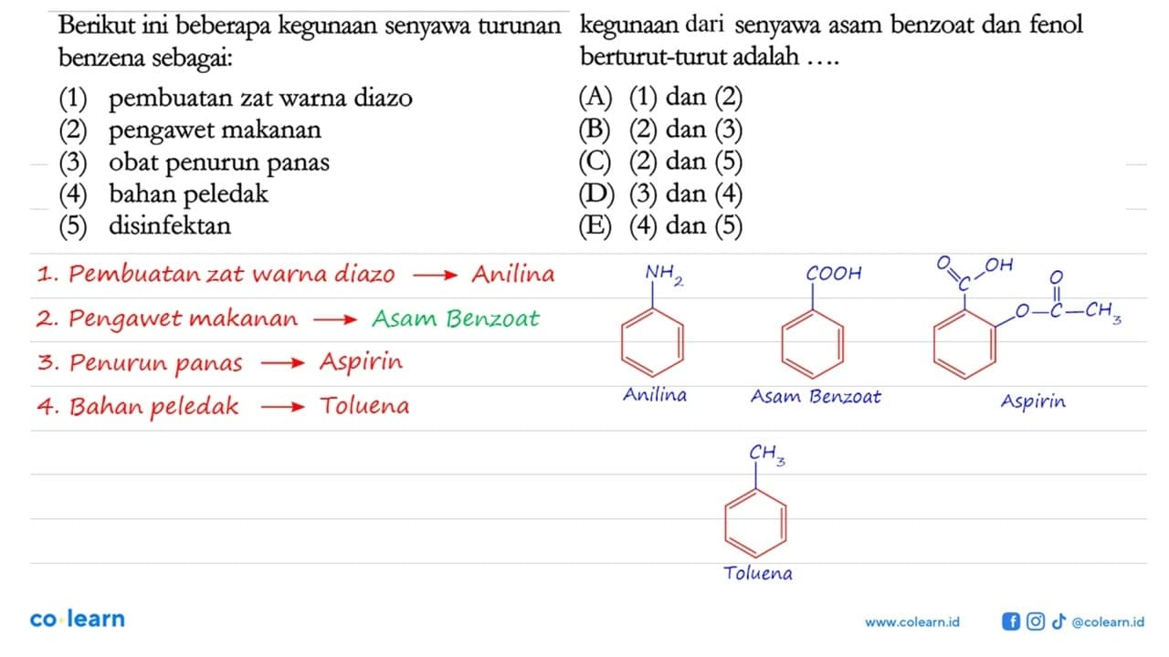 Berikut ini beberapa kegunaan senyawa turunan benzena