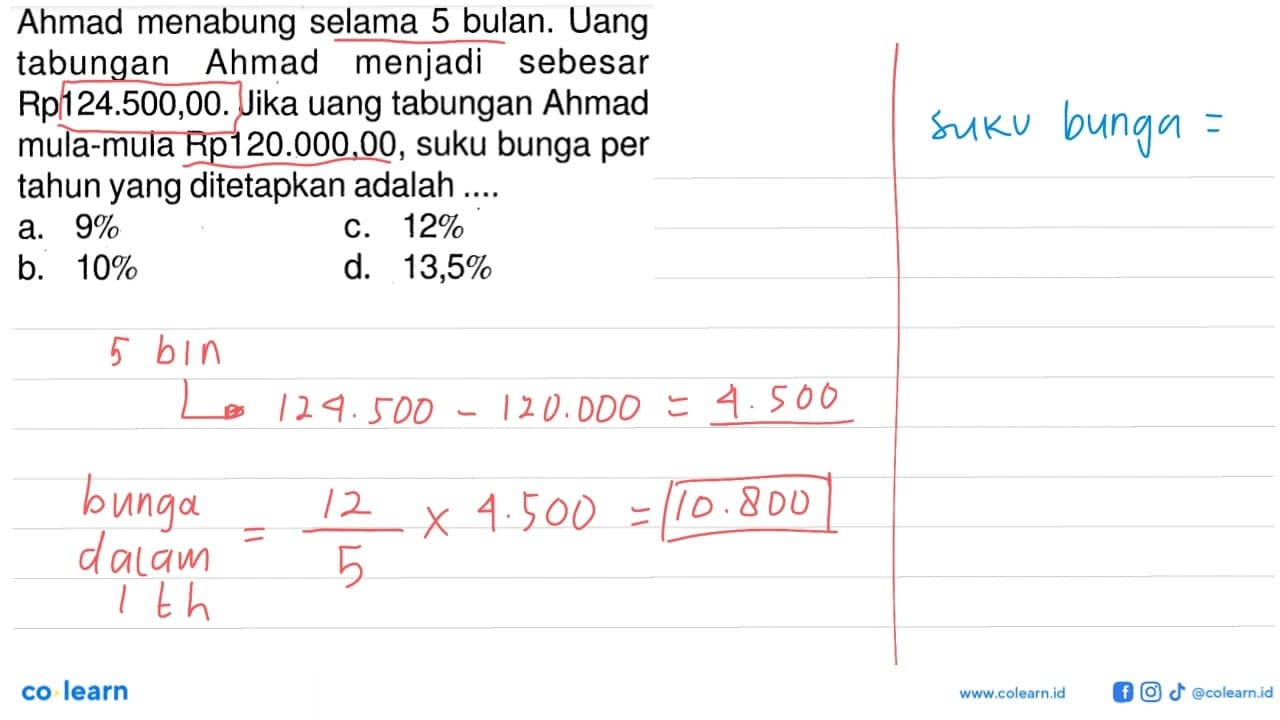 Ahmad menabung selama 5 bulan. Uang tabungan Ahmad menjadi