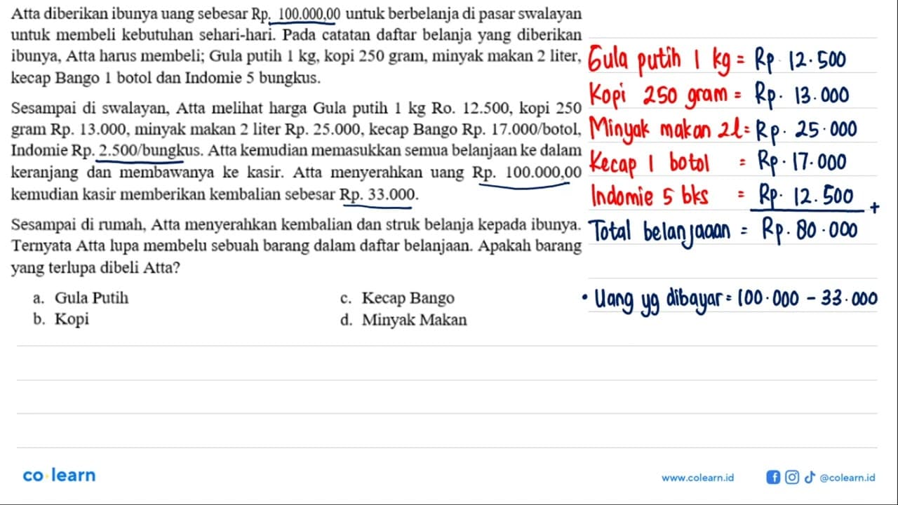 Atta diberikan ibunya uang sebesar Rp. 1000.000 untuk