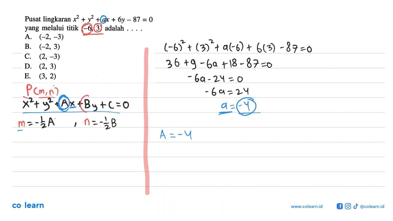 Pusat lingkaran x^2+y^2+ax+6y-87=0 yang melalui titik