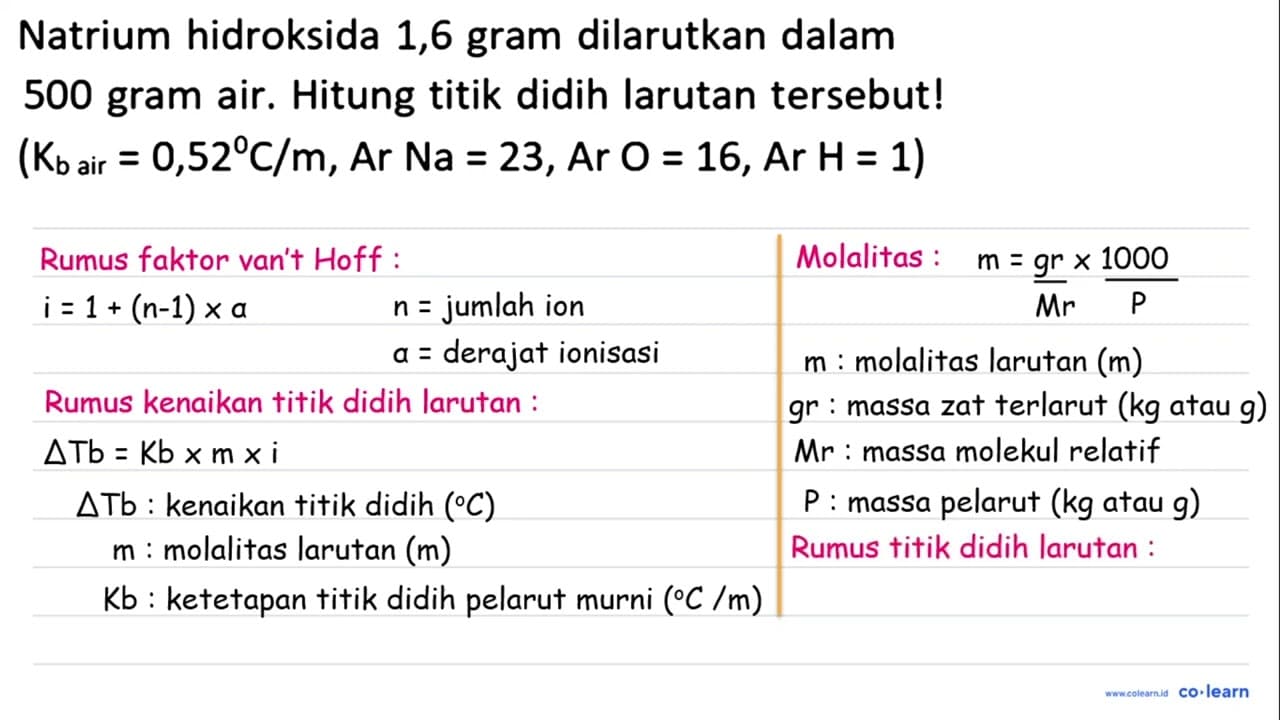 Natrium hidroksida 1,6 gram dilarutkan dalam 500 gram air.