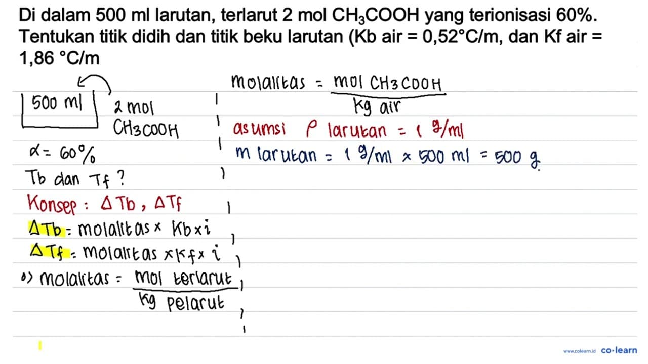 Di dalam 500 mL larutan, terlarut 2 mol CH3COOH yang