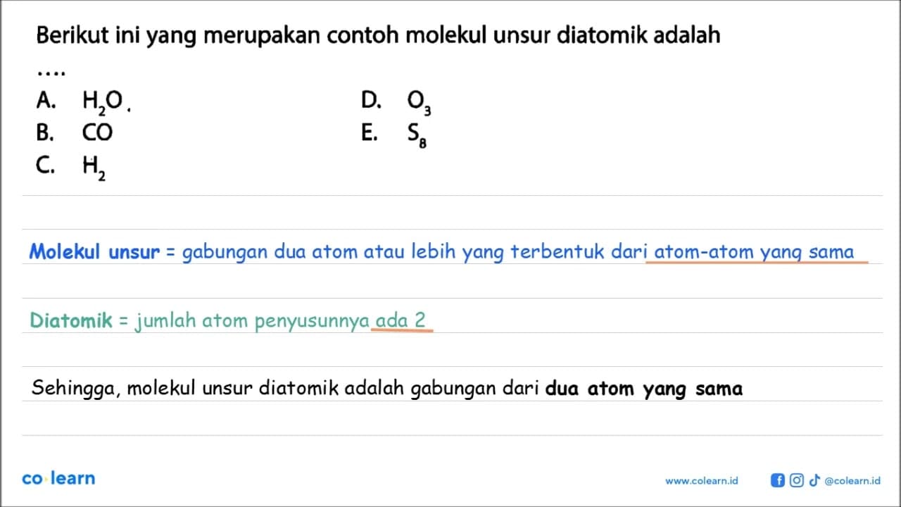 Berikut ini yang merupakan contoh molekul unsur diatomik