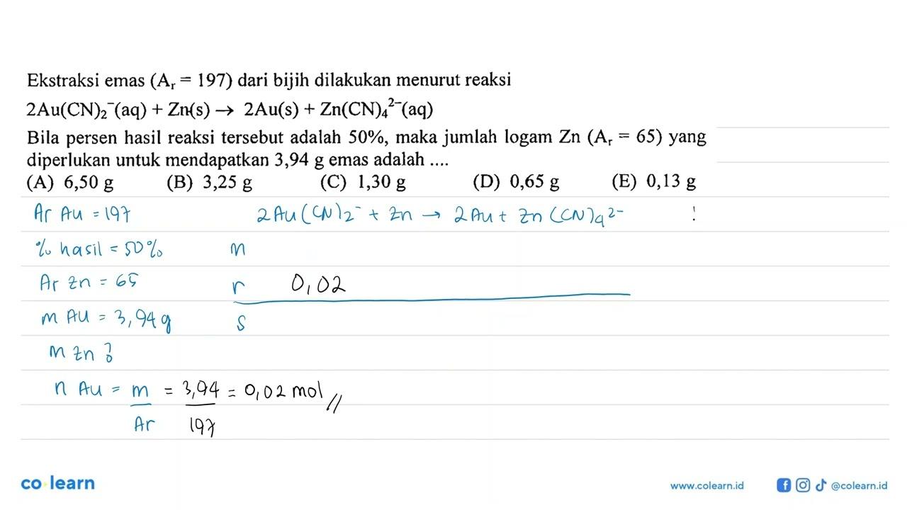 Ekstraksi emas (Ar=197) dari bijih dilakukan menurut