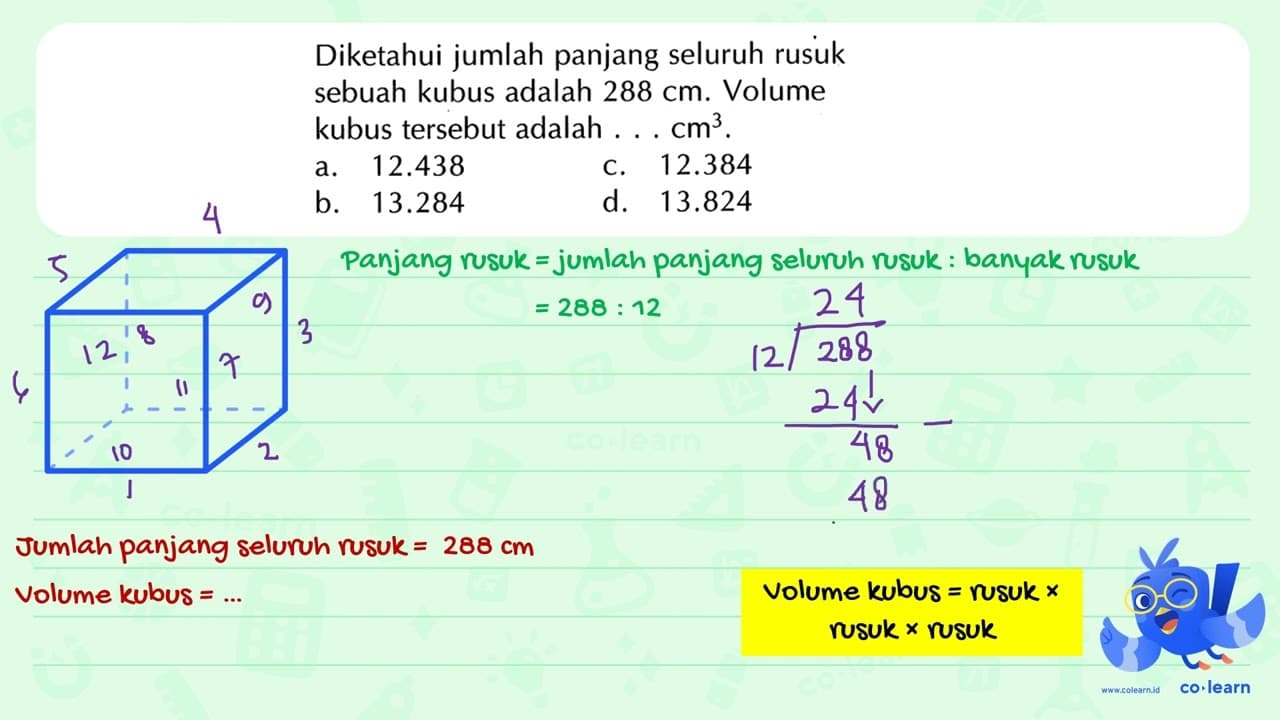 Diketahui jumlah panjang seluruh rusuk sebuah kubus adalah