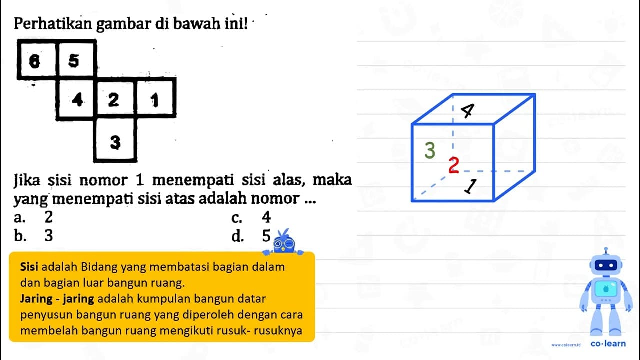 Perhatikan gambar di bawah ini! Jika sisi nomor 1 menempati