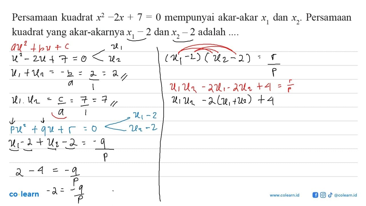 Persamaan kuadrat x^2 - 2x + 7 = 0 mempunyai akar-akar x1,