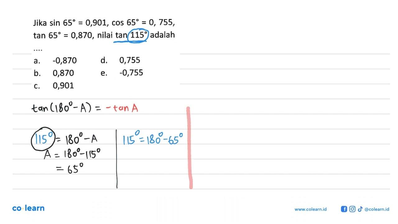 Jika sin 65=0,901, cos 65=0,755, tan 65=0,870, nilai tan