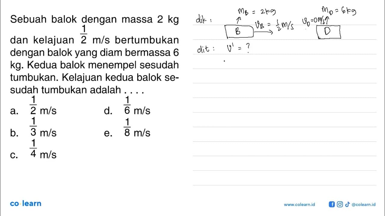 Sebuah balok dengan massa 2 kg dan kelajuan 1/2 m/s