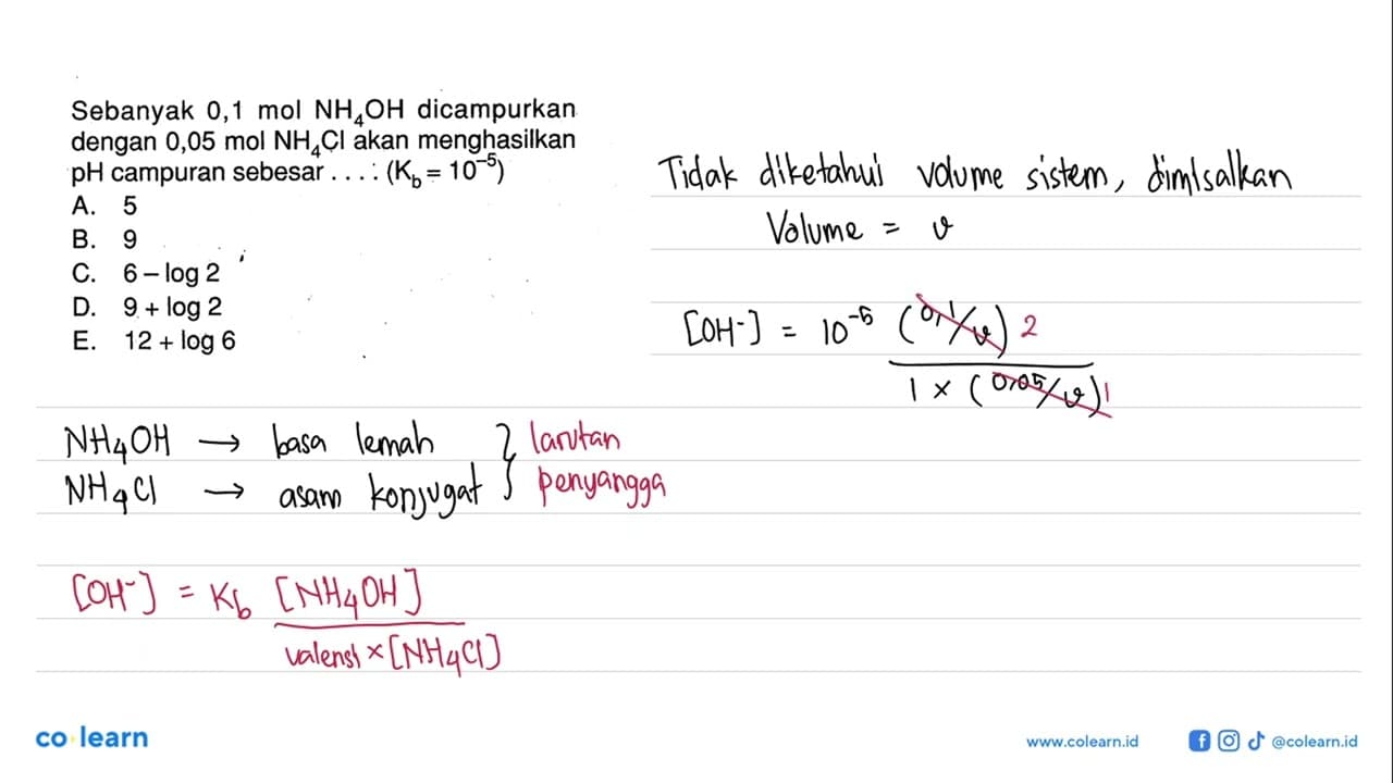 Sebanyak 0,1 mol NH4OH dicampurkan dengan 0,05 mol NH4Cl