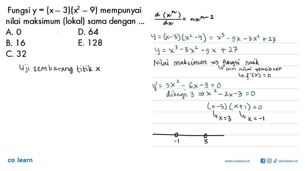 Fungsi y=(x-3)(x^2-9) mempunyai nilai maksimum (lokal) sama