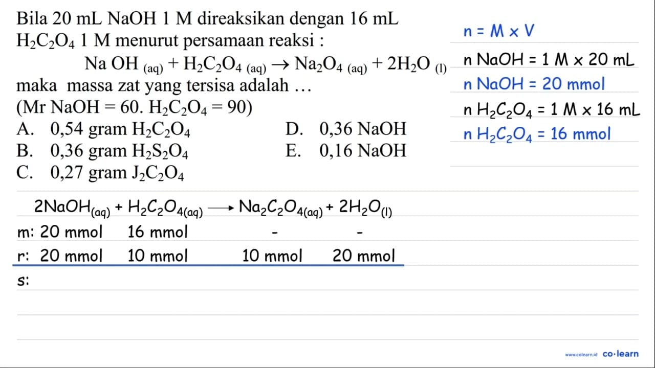 Bila 20 mL NaOH 1 M direaksikan dengan 16 mL H2 C2 O4 1 M