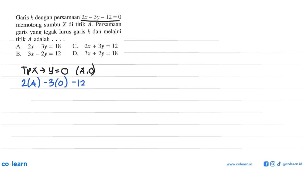 Garis k dengan persamaan 2x - 3y - 12 = 0 memotong sumbu X