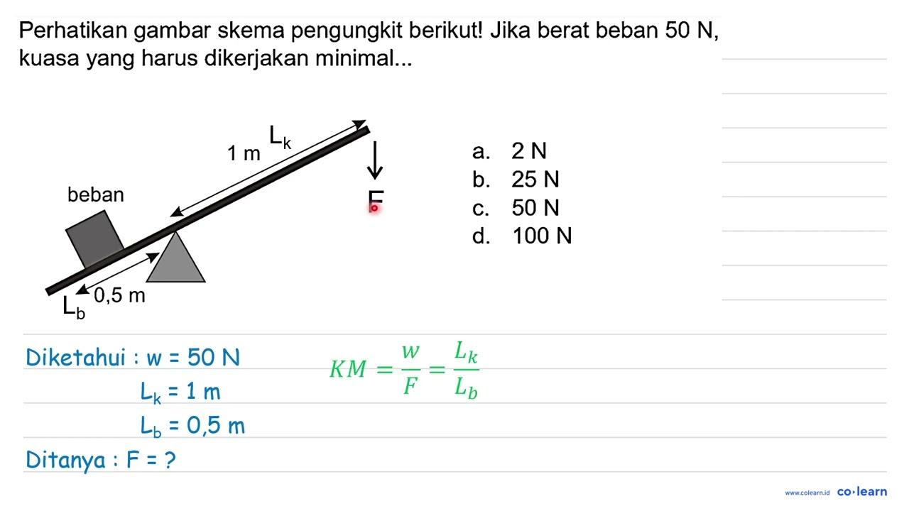 Perhatikan gambar skema pengungkit berikut! Jika berat