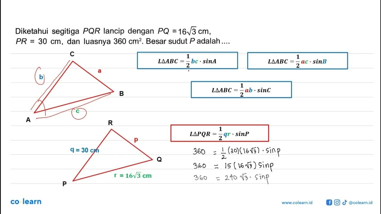 Diketahui segitiga PQR lancip dengan PQ=16 akar(3) cm ,