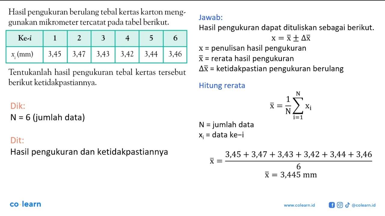 Hasil pengukuran berulang tebal kertas karton menggunakan