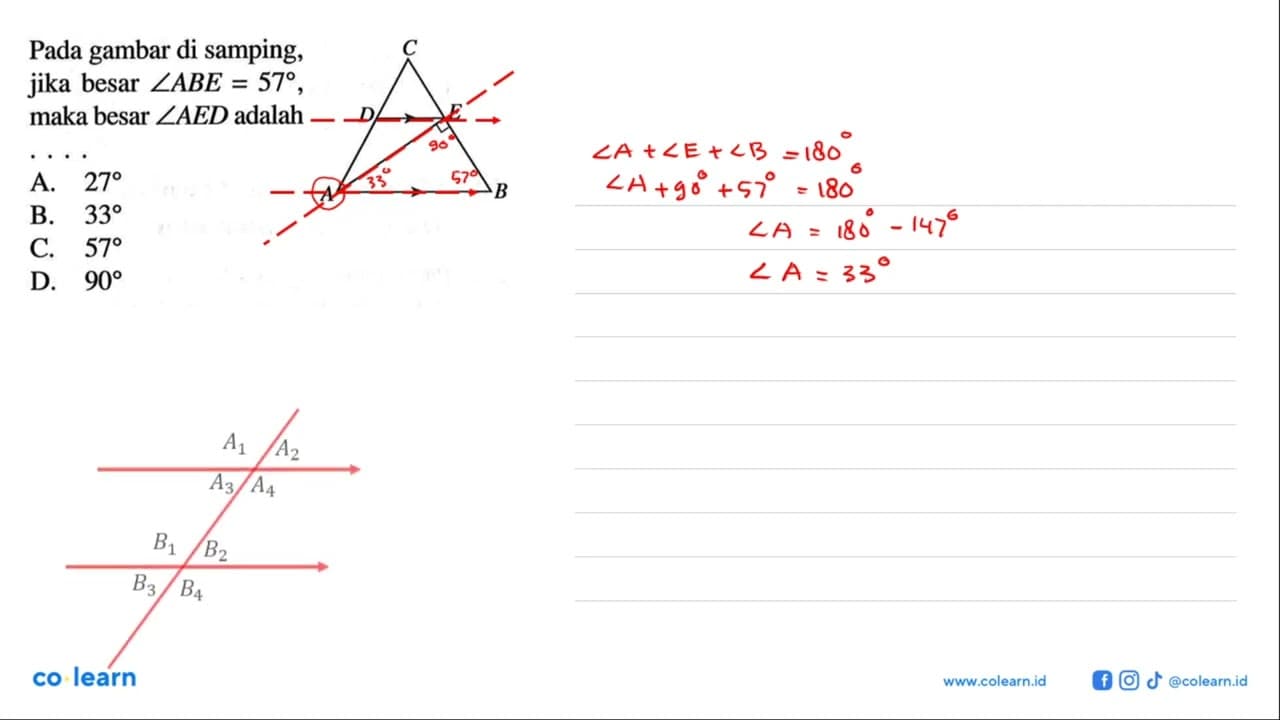 Pada gambar di samping, jika besar sudut ABE=57, maka besar
