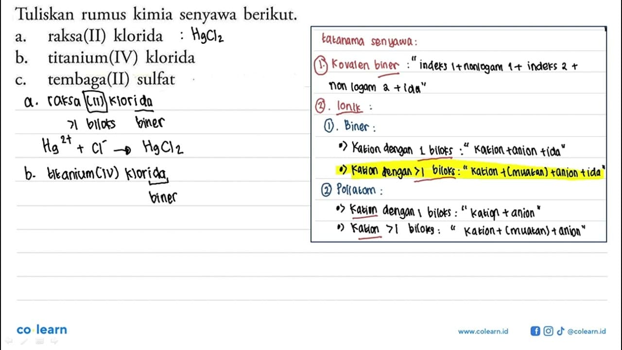 Tuliskan rumus kimia senyawa berikut. a. raksa(II) klorida