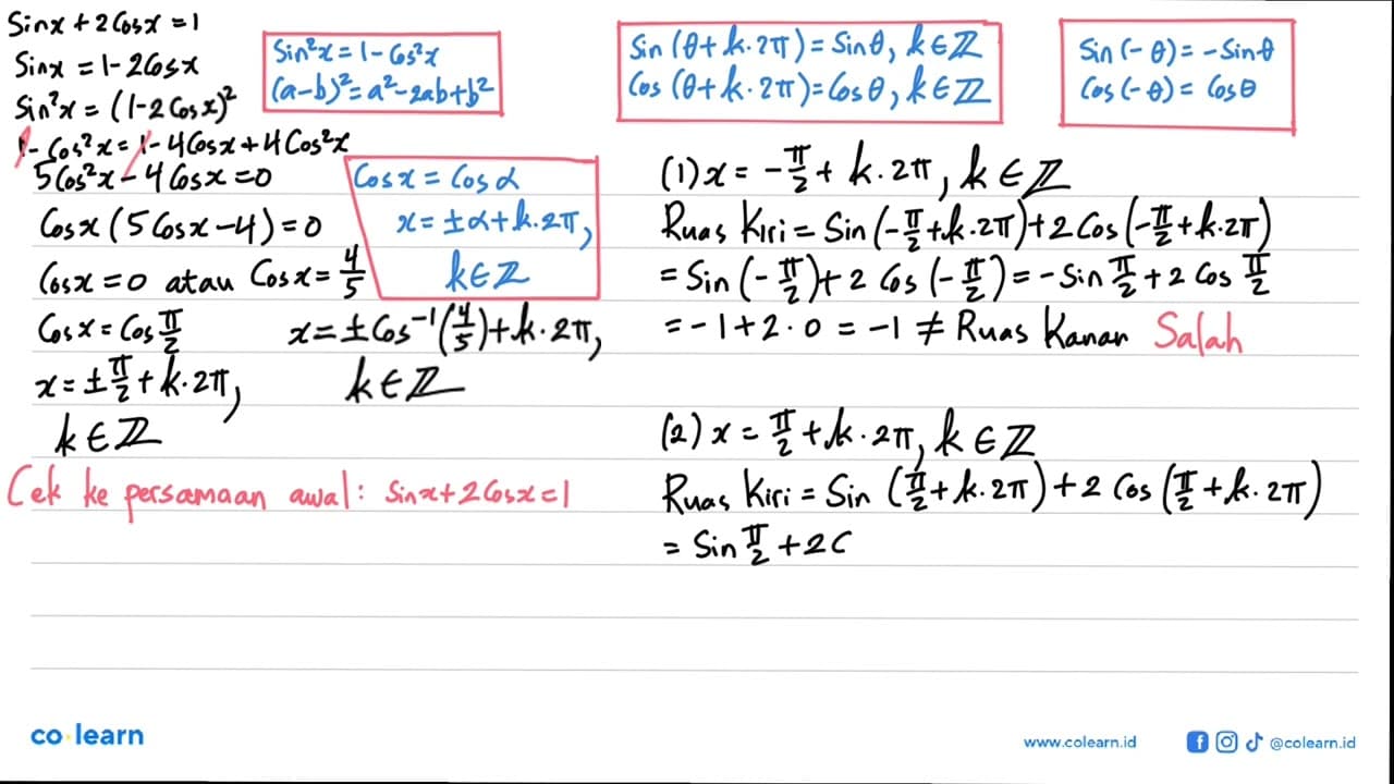 Ubahlah persamaan sin x + cos x = 1 menjadi sin x= 1 - cos