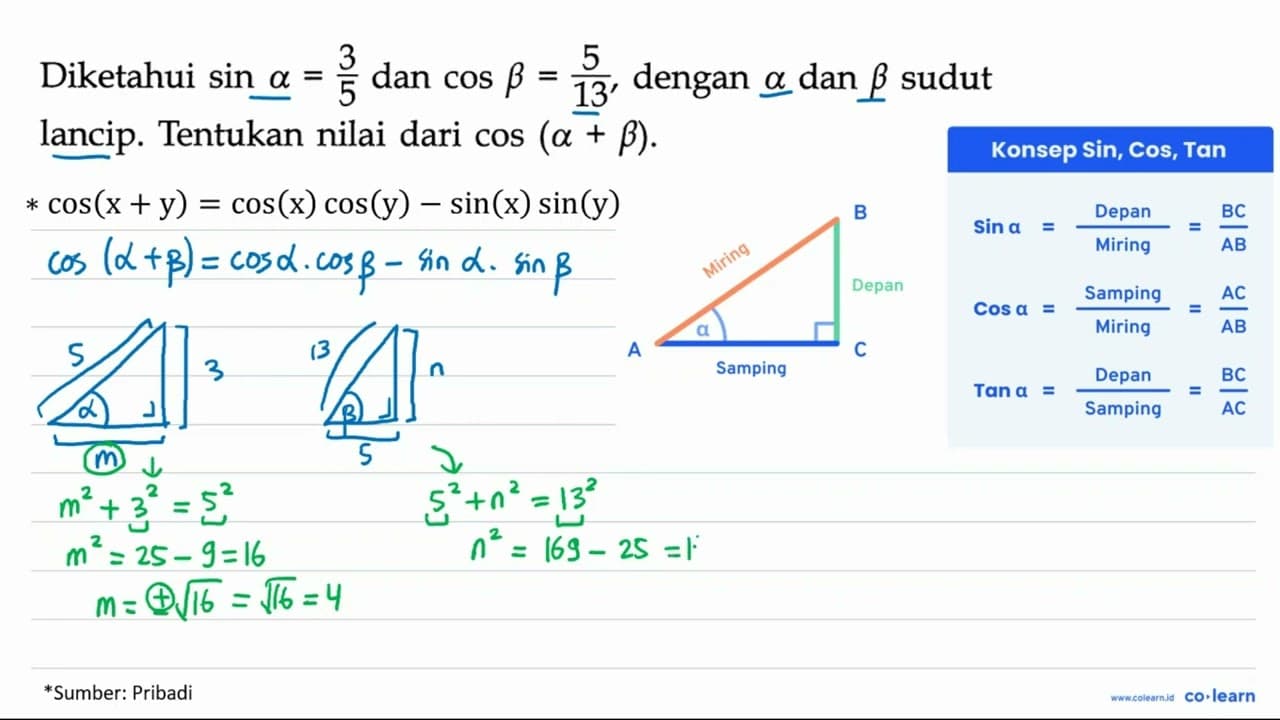 Diketahui sin alpha = 3/5 dan cos beta = 5/13, dengan alpha