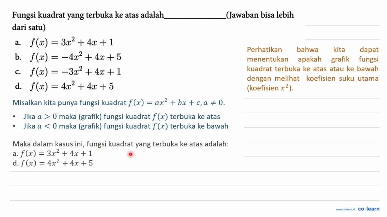 Fungsi kuadrat yang terbuka ke atas adalah (Jawaban bisa