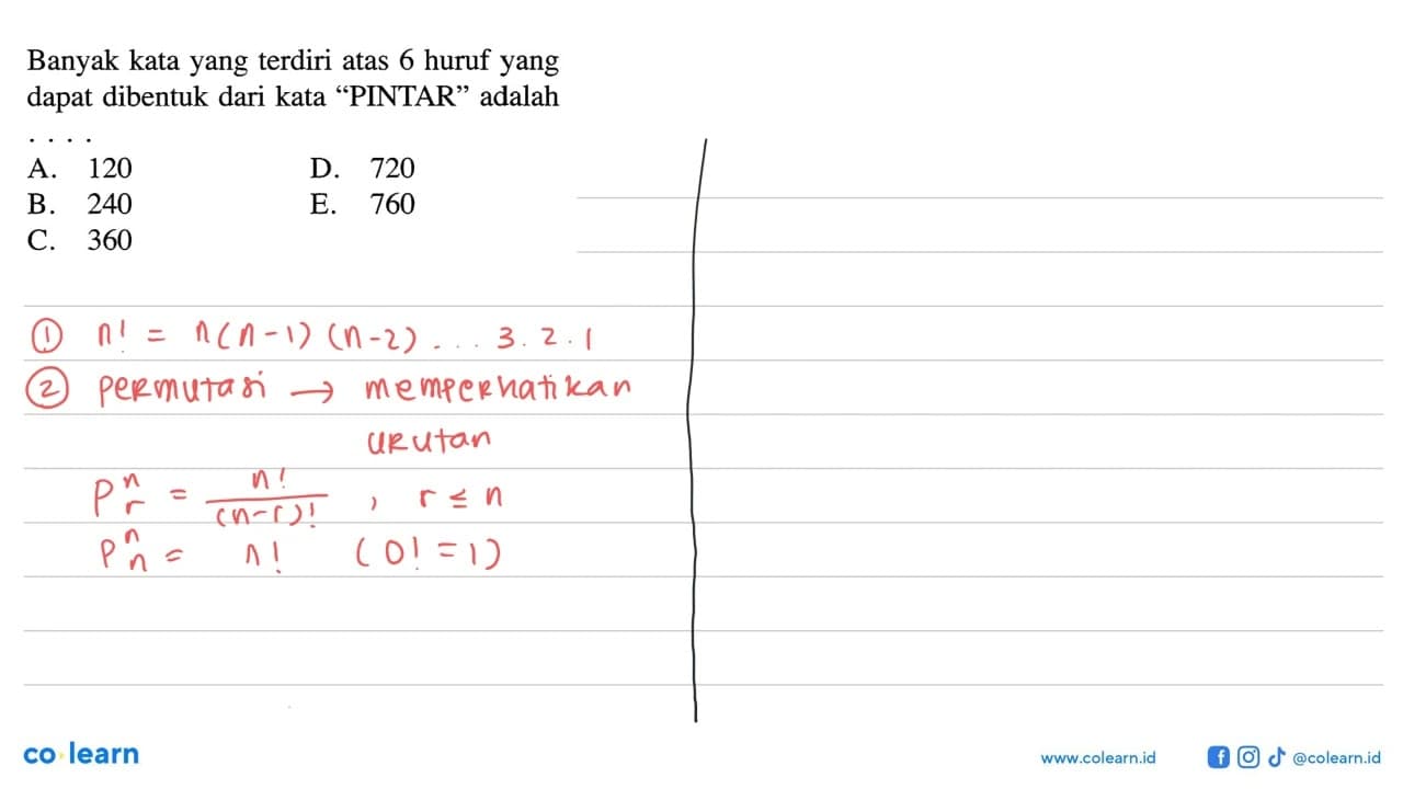 Banyak kata yang terdiri atas 6 huruf yang dapat dibentuk