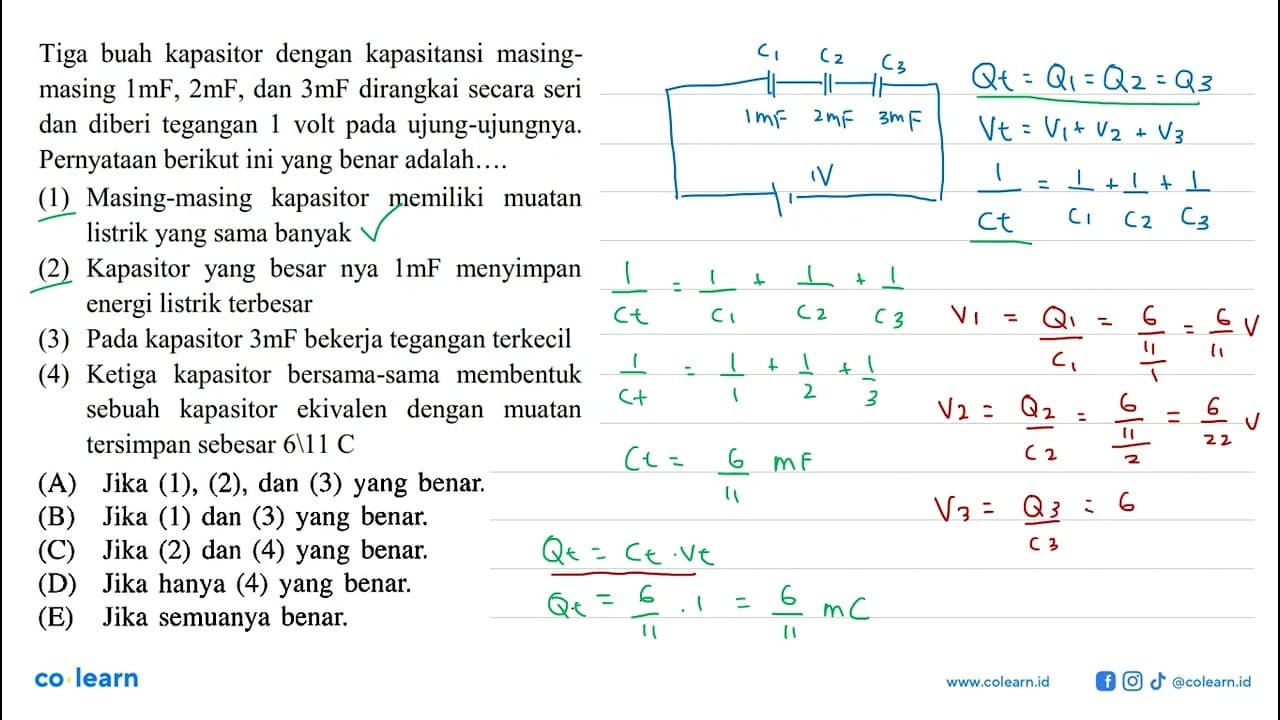 Tiga buah kapasitor dengan kapasitansi masing-masing 1mF,