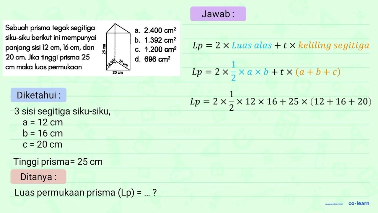 Sebuah prisma tegak segitiga siku-siku berikut ini