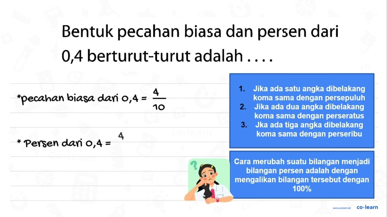 Bentuk pecahan biasa dan persen dari 0,4 berturut-turut