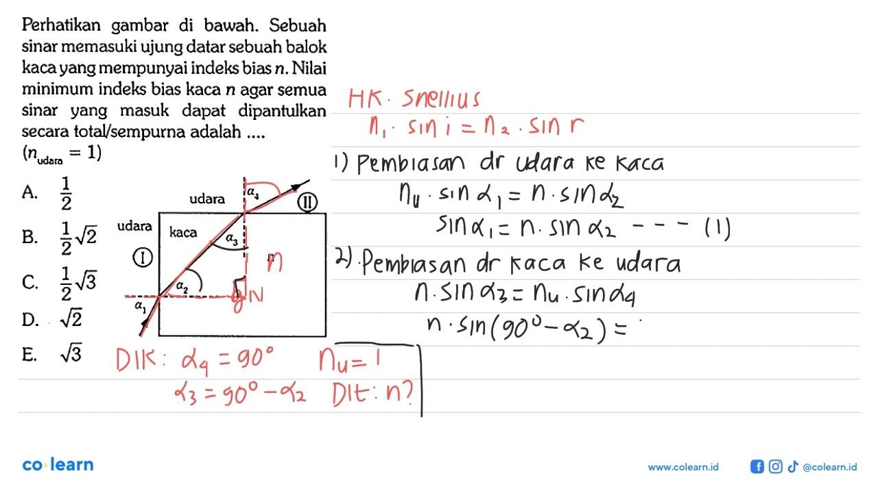 Perhatikan gambar di bawah. Sebuah sinar memasuki ujung