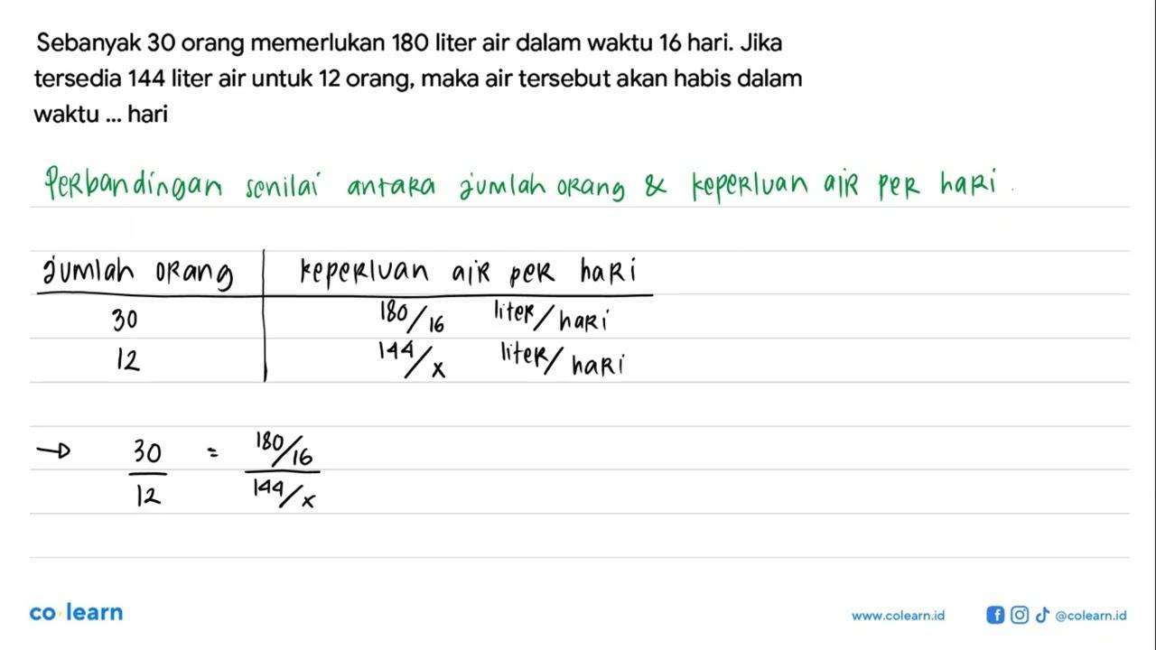 Sebanyak 30 orang memerlukan 180 liter air dalam waktu 16