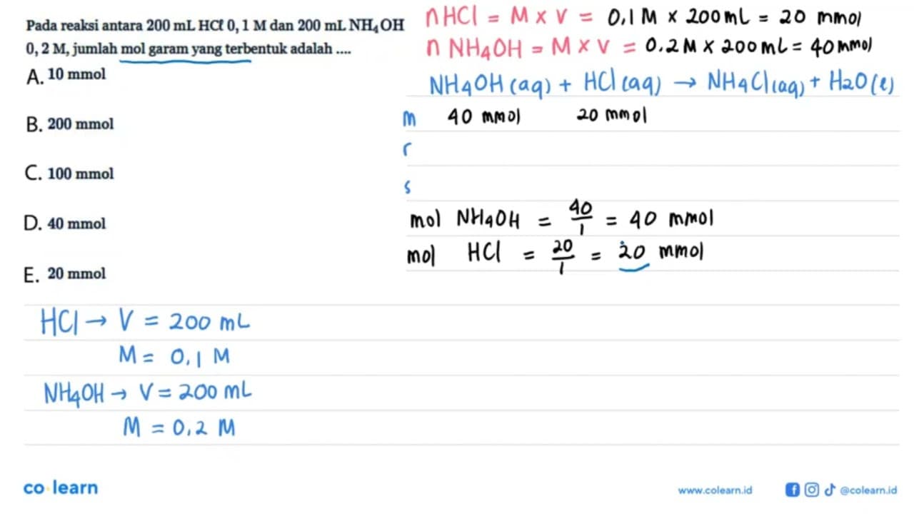 Pada reaksi antara 200 mL HCl 0,1 M dan 200 mL NH4OH 0,2 M,