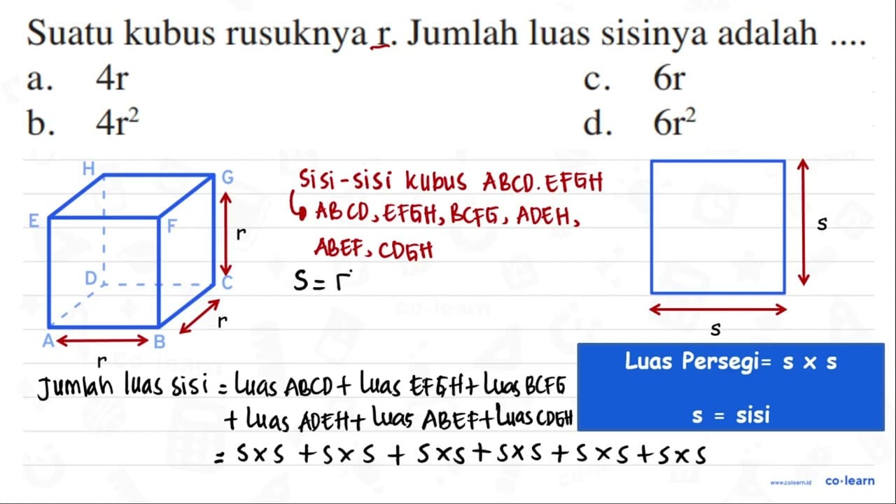 Suatu kubus rusuknya r. Jumlah luas sisinya adalah ....