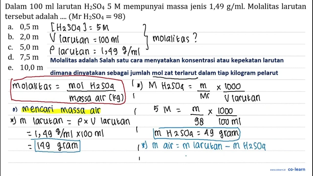 Dalam 100 ml larutan H_(2) SO_(4) 5 M mempunyai massa jenis