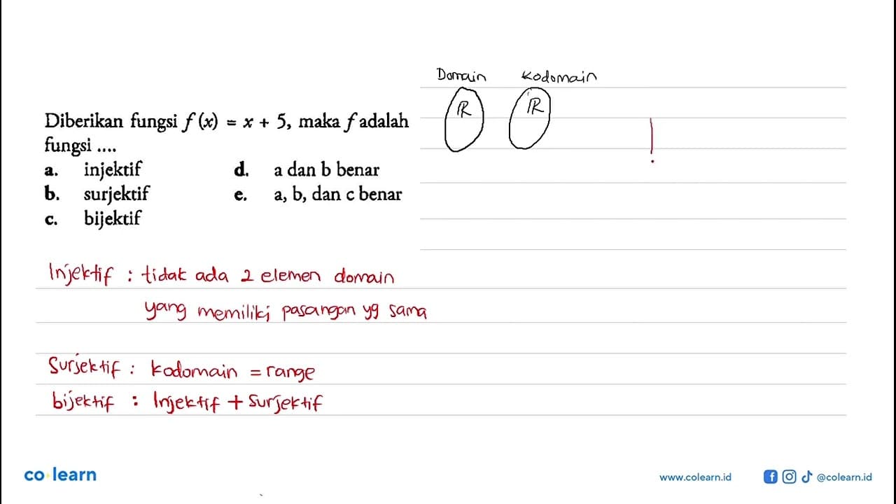 Diberikan fungsi f(x)=x+5 , maka f adalahfungsi ....