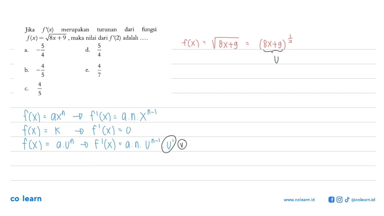 Jika f'(x) merupakan turunan dari fungsi f(x)=akar(8 x+9) ,