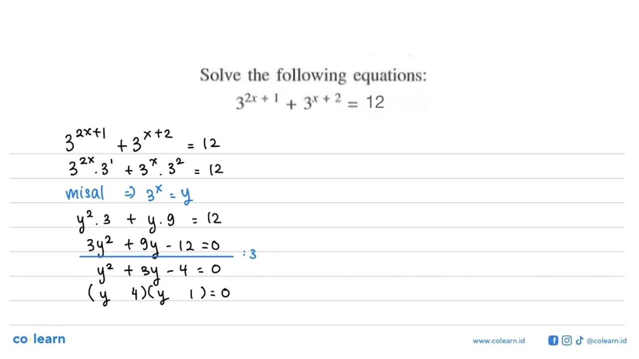 Solve the following equations: 3^(2x +1)+3^(x+2)=3 1/2