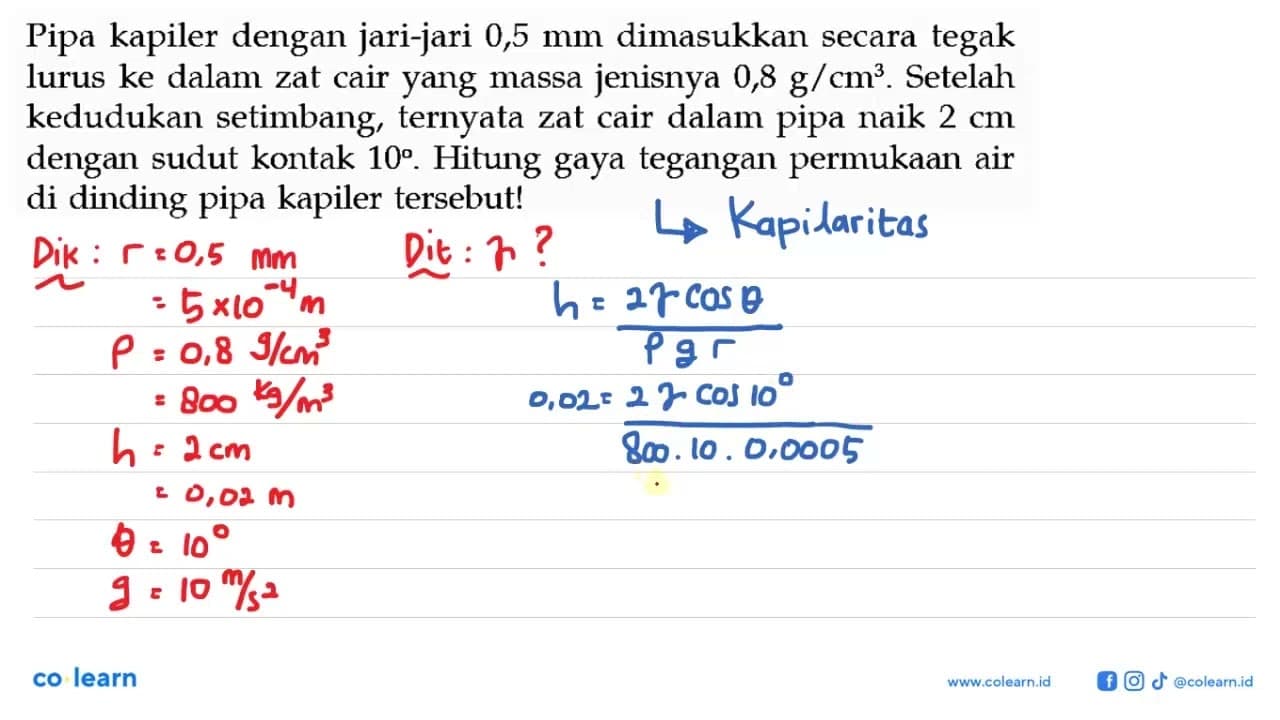 Pipa kapiler dengan jari-jari 0,5 mm dimasukkan secara