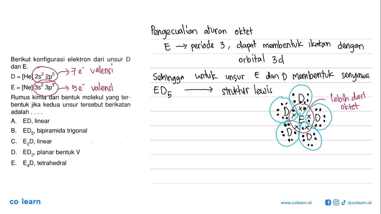 Berikut konfigurasi elektron dari unsur D dan E. D = [He]