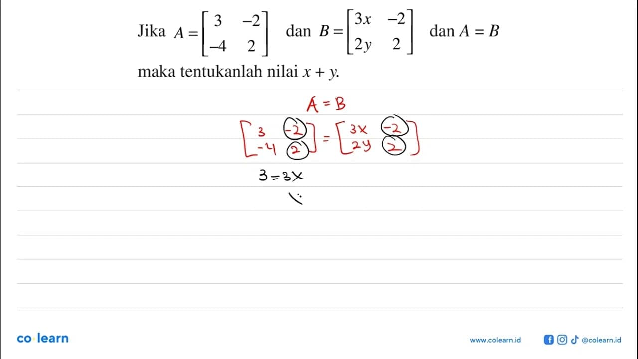 Jika A=[3 -2 -4 2] dan B=[3x -2 2y 2] dan A=B maka