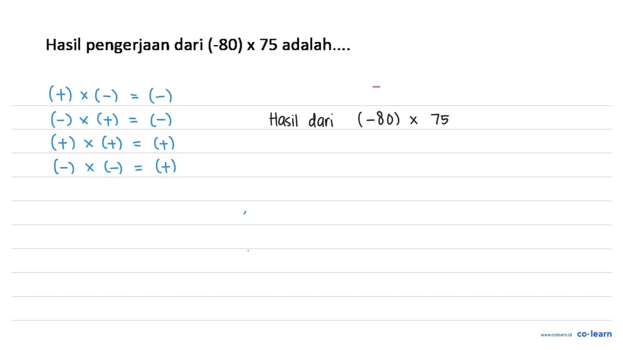 Hasil pengerjaan dari (-80) x 75 adalah....