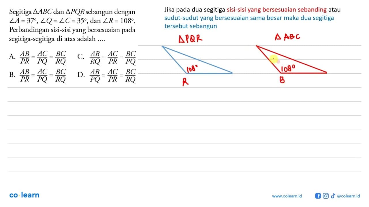 Segitiga segitiga ABC dan segitiga PQR sebangun dengan