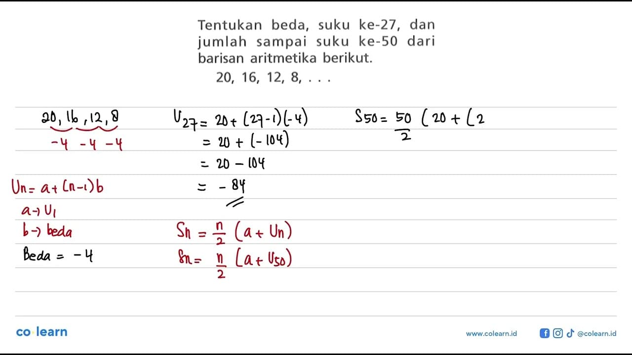 Tentukan beda, suku ke-27, dan jumlah sampai suku ke-50