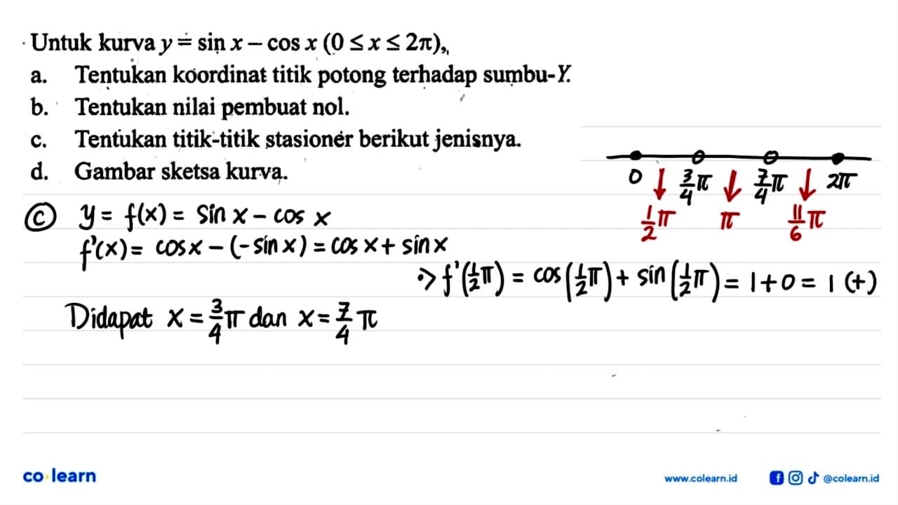 Untuk kurva y=sin x-cos x(0<=x<=2pi), a. Tentukan koordinat